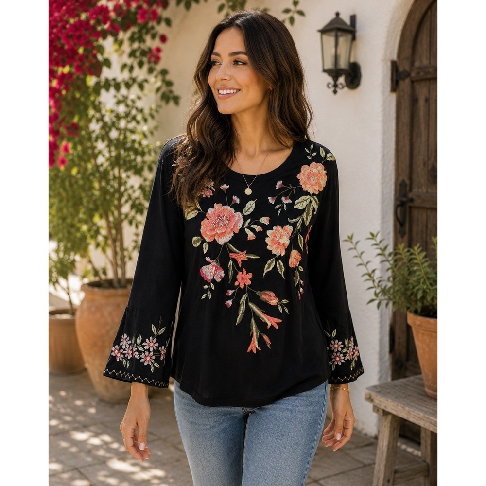 Johnny Was Top Women S Black Floral Embroidered Boho 3/4 Sleeve Cotton Tee Boho